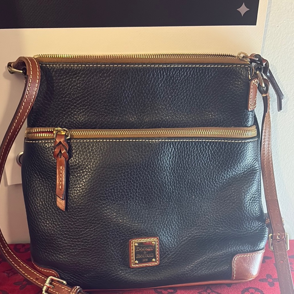 Dooney & Bourke Black Pebble Leather Crossbody with Brown Trim